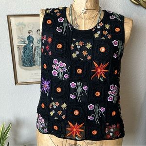 Jenni Max Y2K Black Colorful Crochet Embroider Sequin Silk Blend Boho Blouse XL